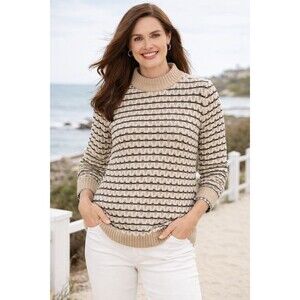 Talbots Textured Knit Sweater Coastal Preppy Mock Neck 100% Cotton Neutral Sz L